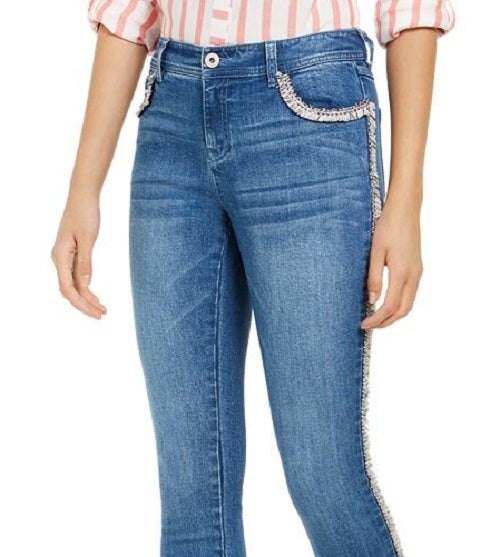 Calça jeans skinny feminina INC Iternational Concepts com acabamento em tweed e cintura alta, azul, tamanho 10