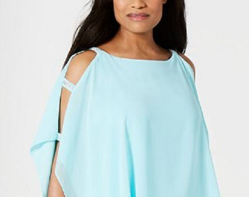 JM Collection Top poncho feminino com mangas divididas, azul, tamanho pequeno G