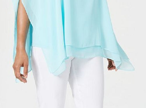 JM Collection Top poncho feminino com mangas divididas, azul, tamanho pequeno G