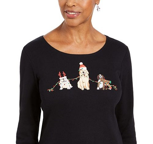 Camiseta feminina Karen Scott com estampa de cachorro para o feriado, preta, tamanho pequeno G
