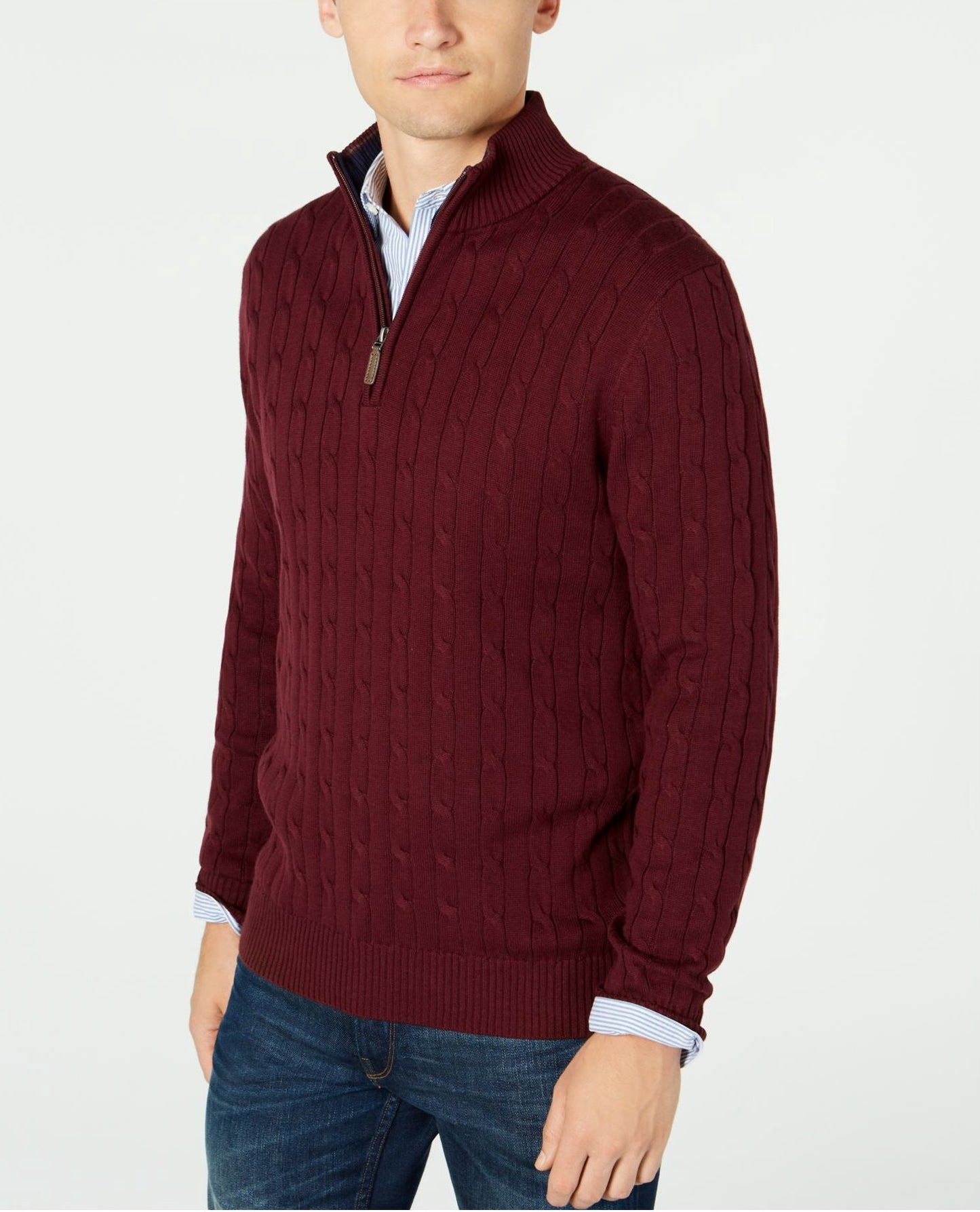 Suéter masculino Club Room Pima Cable com zíper de um quarto, vermelho, tamanho grande