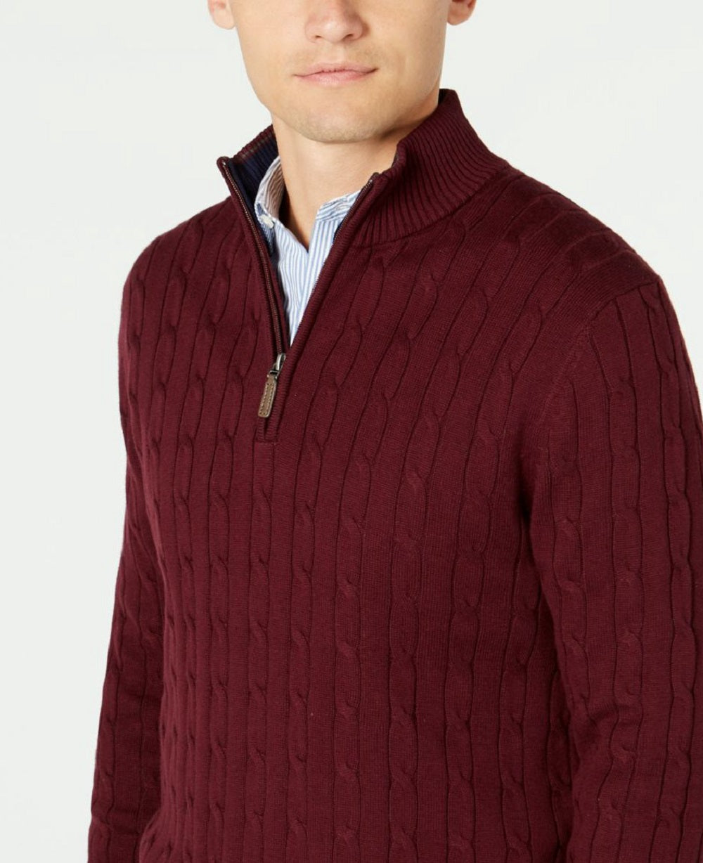 Suéter masculino Club Room Pima Cable com zíper de um quarto, vermelho, tamanho grande