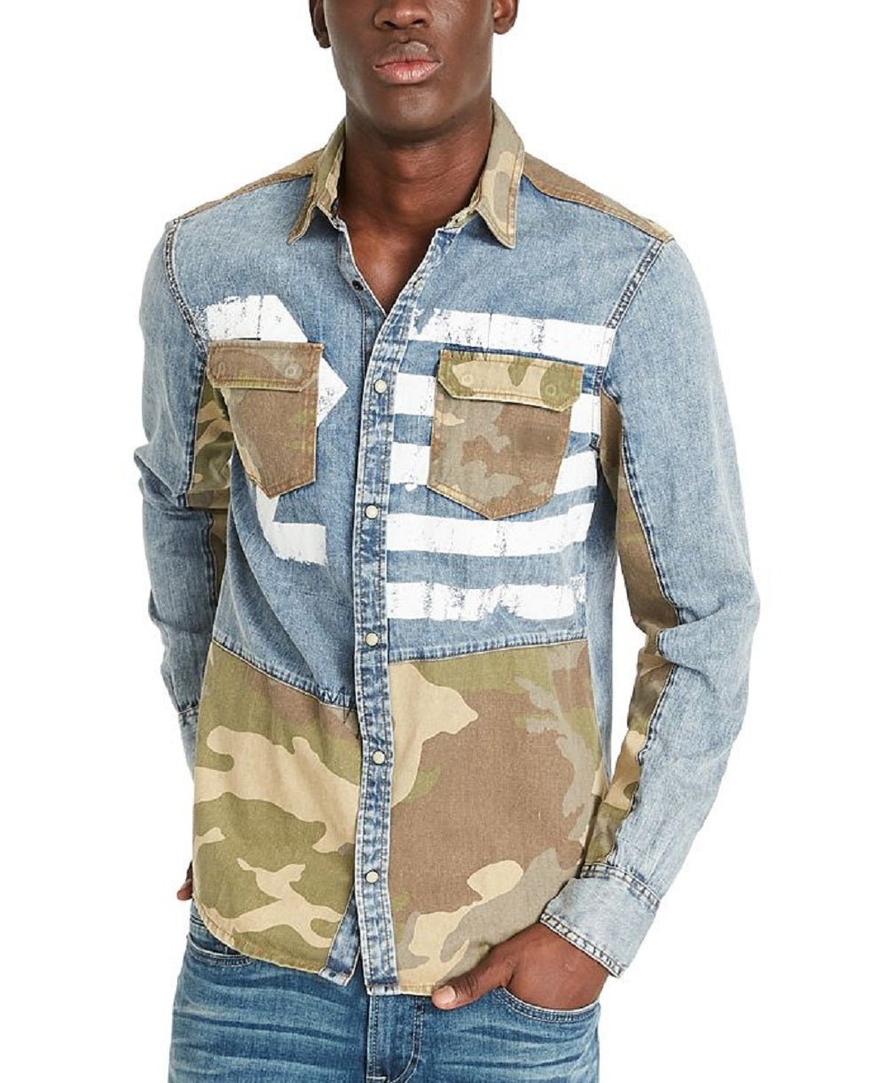 Camisa masculina Buffalo David Bitton Sarax Regular Fit com estampa em blocos de cores, tamanho médio, azul