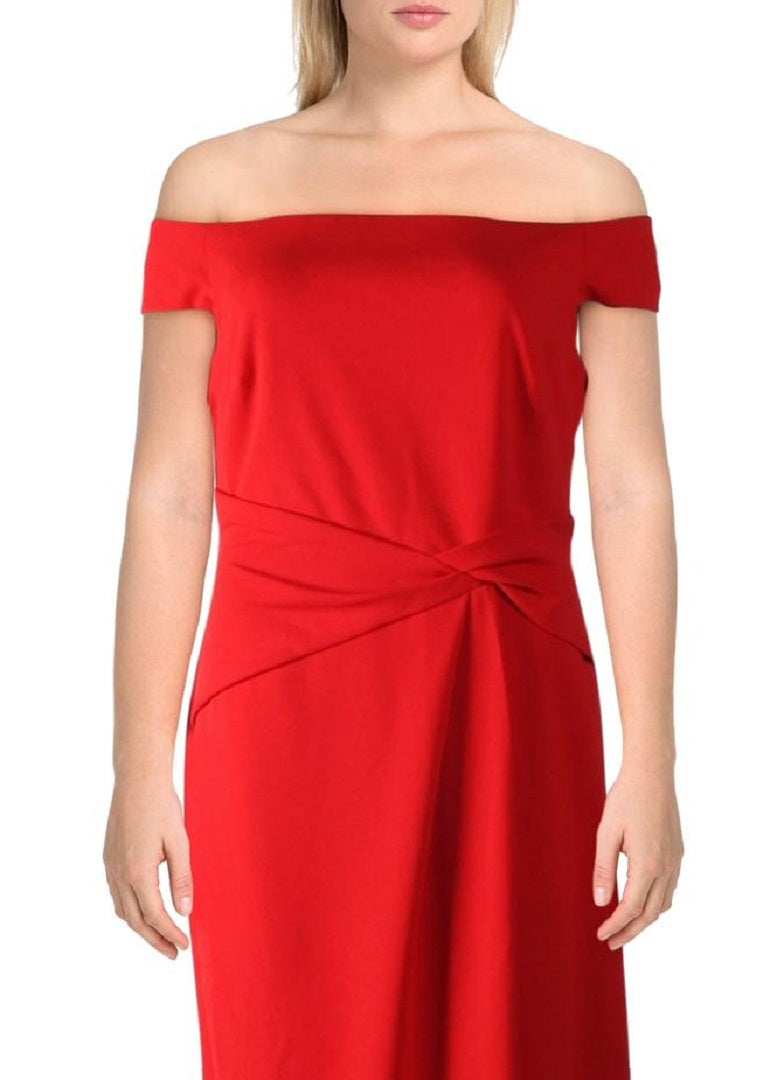 Vestido de festa Saran plissado com ombros de fora, tamanho 12, vermelho, Ralph Lauren, feminino