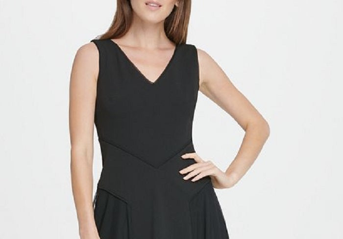 Vestido midi flare com saia de malha DKNY feminino, preto, tamanho 6