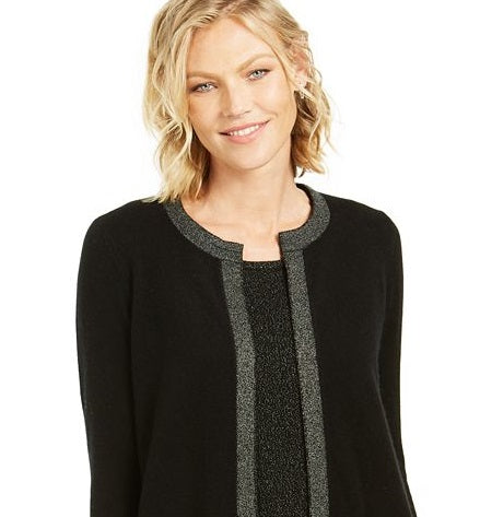 Cardigan feminino de cashmere com acabamento em lurex Charter Club, preto, tamanho grande