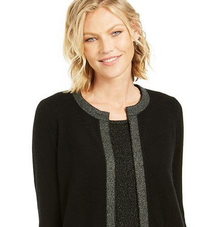 Cardigan feminino de cashmere com acabamento em lurex Charter Club, preto, tamanho extrapequeno