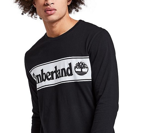 Camiseta masculina Timberland com estampa de logotipo linear e manga comprida, preta, tamanho extragrande
