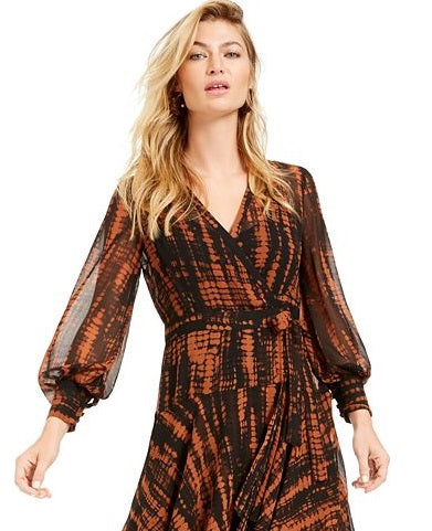 Vestido envelope feminino Bar III com estampa animal e babados, laranja, tamanho X-S