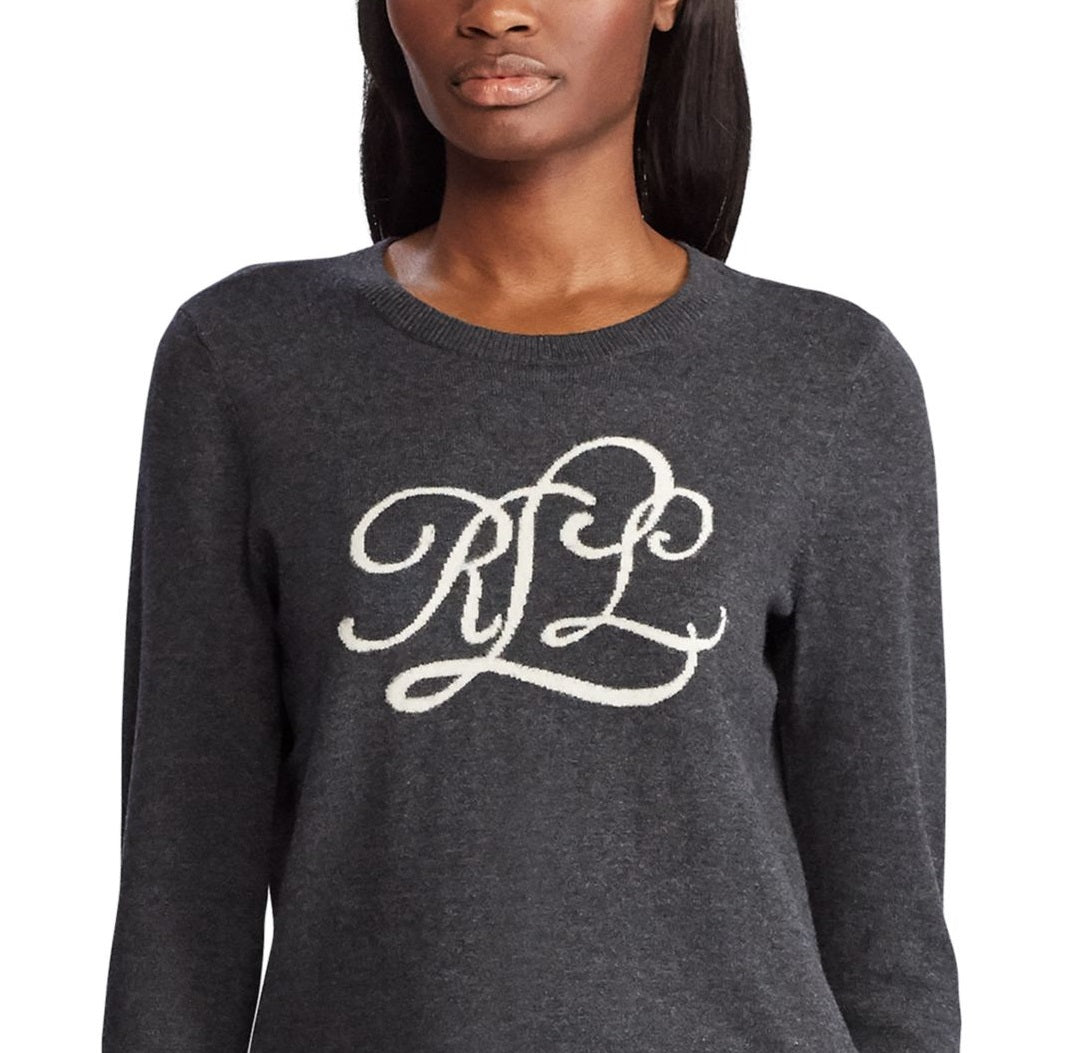 Suéter Ralph Lauren Feminino com Estampa de Logo e Manga Longa, Gola Joia, Cinza, Tamanho Grande