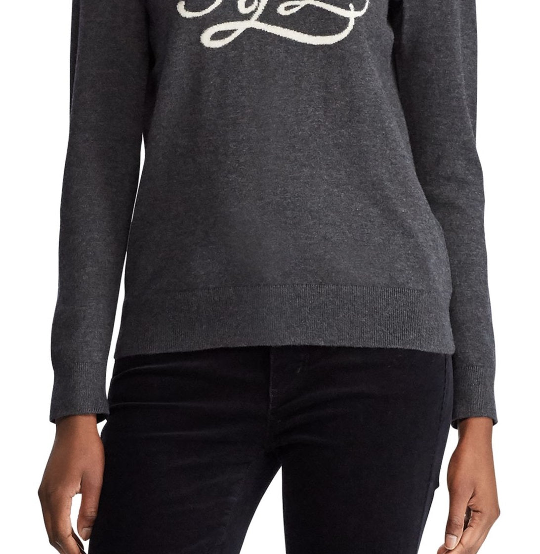Suéter Ralph Lauren Feminino com Estampa de Logo e Manga Longa, Gola Joia, Cinza, Tamanho Grande