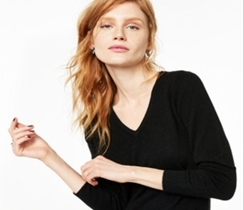 Suéter feminino de cashmere com manga comprida e decote em V, preto, tamanho pequeno médio