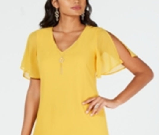 Vestido feminino Thalia Sodi com decote em V e alças finas, amarelo, tamanho XX-G
