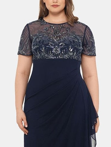 Vestido longo feminino XSCAPE Plus com babados e detalhes, azul, tamanho 18W
