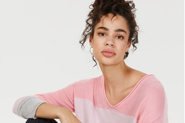 Suéter feminino de cashmere listrado com enrolado Charter Club, rosa, tamanho pequeno