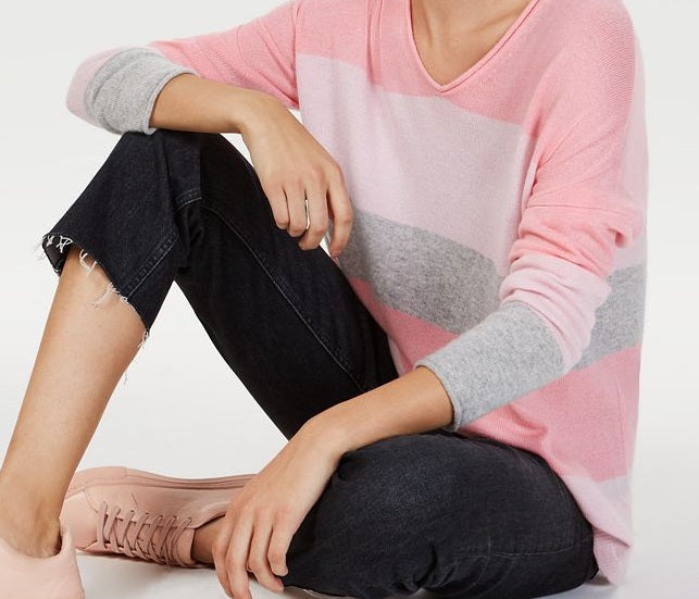 Suéter feminino de cashmere listrado com rolinhos Charter Club, rosa, tamanho médio