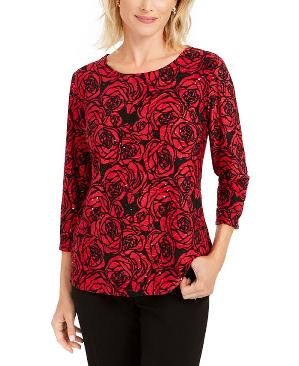 JM Collection Top Feminino Jacquard com Lantejoulas Vermelho Tamanho X-Grande