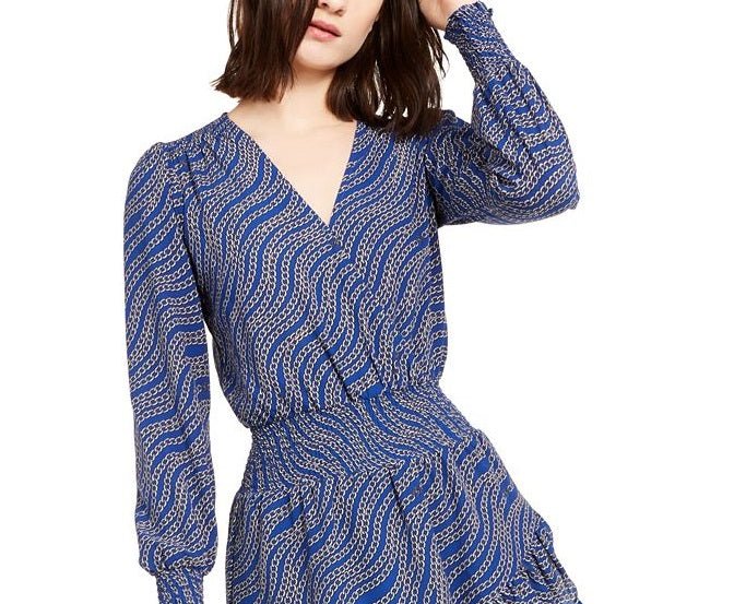 Vestido Feminino Michael Kors Faux Wrap Manga Longa Babados Smocked Azul Tamanho Grande