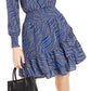 Vestido Feminino Michael Kors Faux Wrap Manga Longa Babados Smocked Azul Tamanho Grande