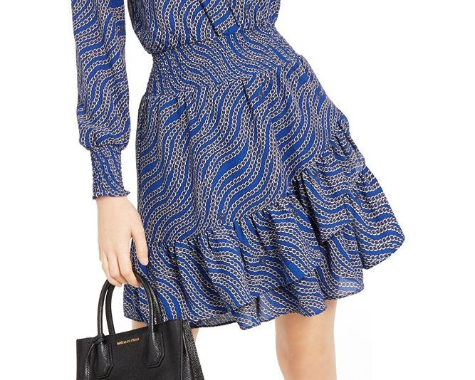 Vestido Feminino Michael Kors Faux Wrap Manga Longa Babados Smocked Azul Tamanho Grande