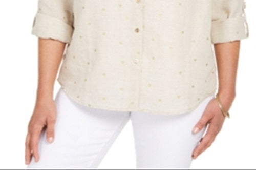 Camisa feminina Charter Club de linho com bolinhas, marrom, tamanho pequeno G