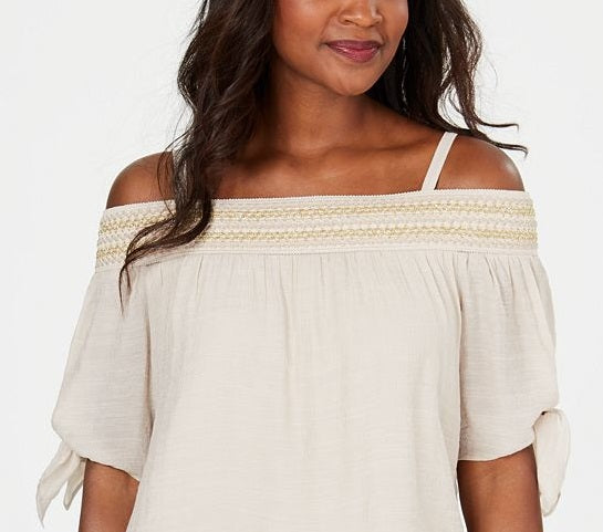 JM Collection Blusa feminina de gaze com ombros de fora e franzido, marrom, tamanho P