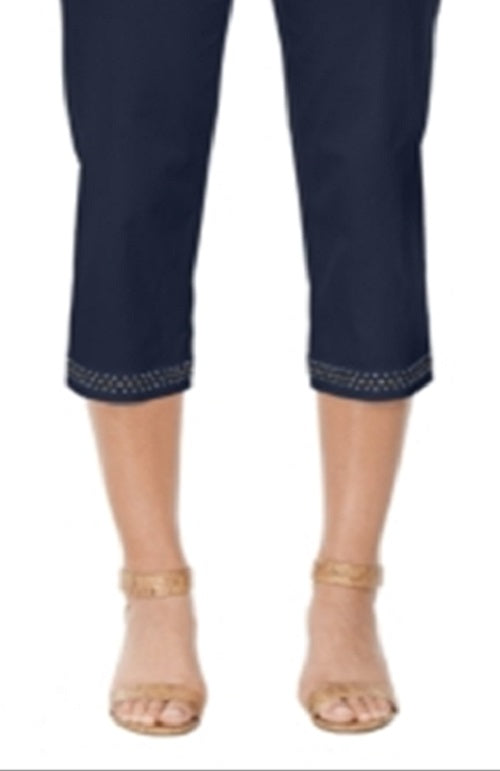 Calça capri feminina com bainha reta e detalhes embelezados, azul, tamanho P