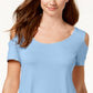 Camiseta feminina JM Collection com ombros descobertos e manga curta, azul, tamanho médio