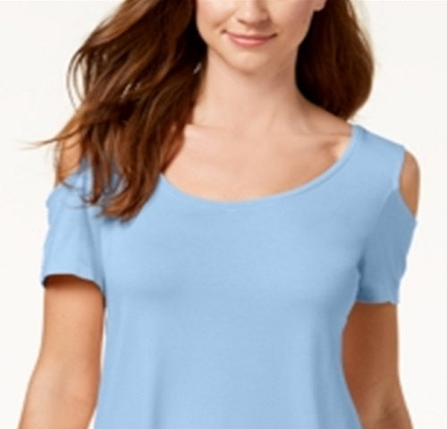 Camiseta feminina JM Collection com ombros descobertos e manga curta, azul, tamanho médio