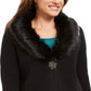Cardigan feminino JM Collection com gola de pele sintética e broche para festa de fim de ano, preto, tamanho médio
