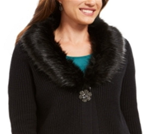 Cardigan feminino JM Collection com gola de pele sintética e broche para festa de fim de ano, preto, tamanho médio