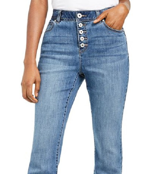 Calça jeans feminina INC International Concepts, cintura alta, ajuste curvilíneo, com botões, azul, tamanho 2