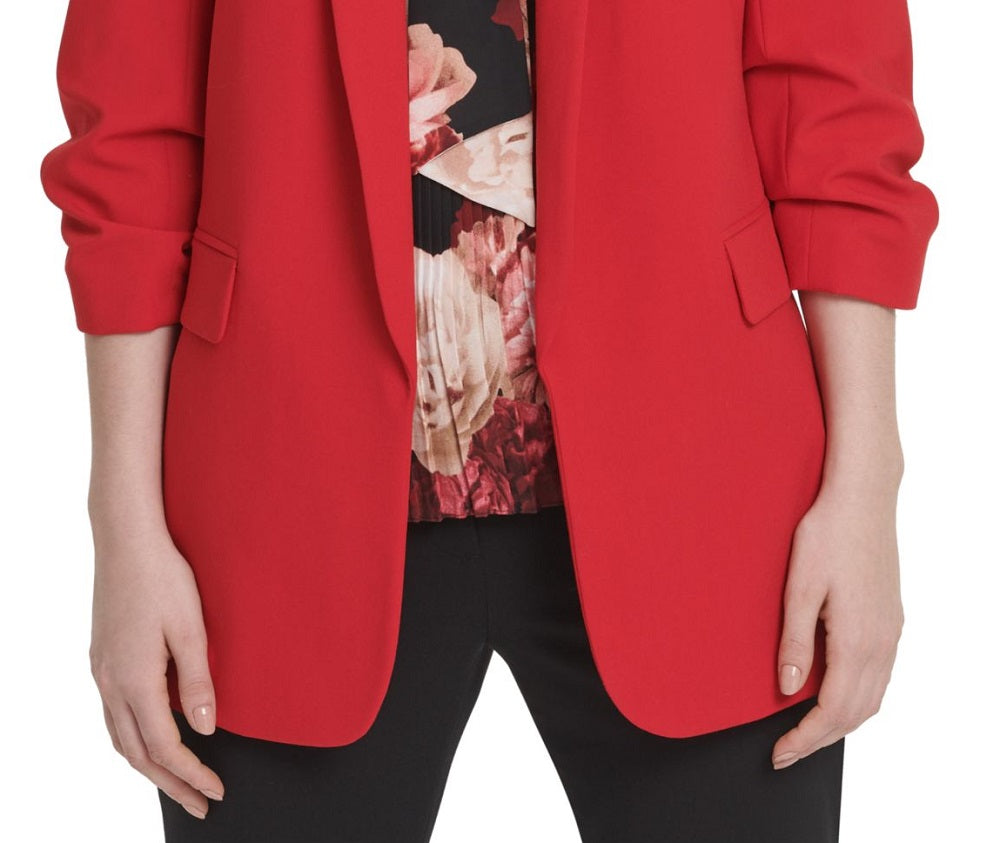 Blazer feminino DKNY com punho franzido e frente aberta, vermelho, tamanho 2, pequeno
