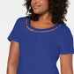 Karen Scott Blusa Feminina de Algodão com Decote em Treliça e Enfeites Azul Tamanho Médio