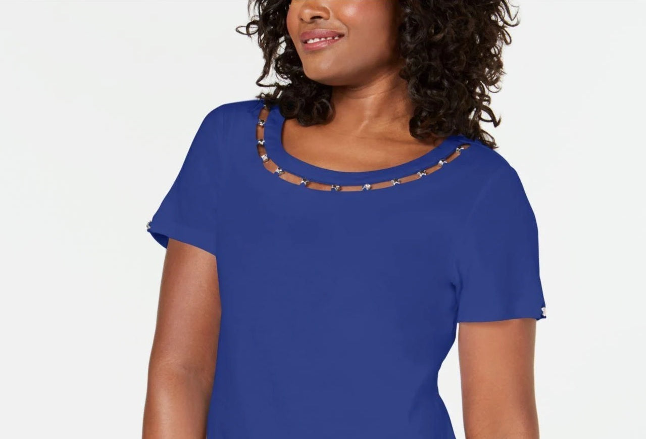 Karen Scott Blusa Feminina de Algodão com Decote em Treliça e Enfeites Azul Tamanho Médio