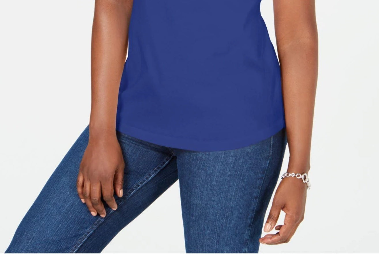Karen Scott Blusa Feminina de Algodão com Decote em Treliça e Enfeites Azul Tamanho Médio