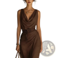Sleek Brown Satin Cowl Neck Resort Maxi Dress