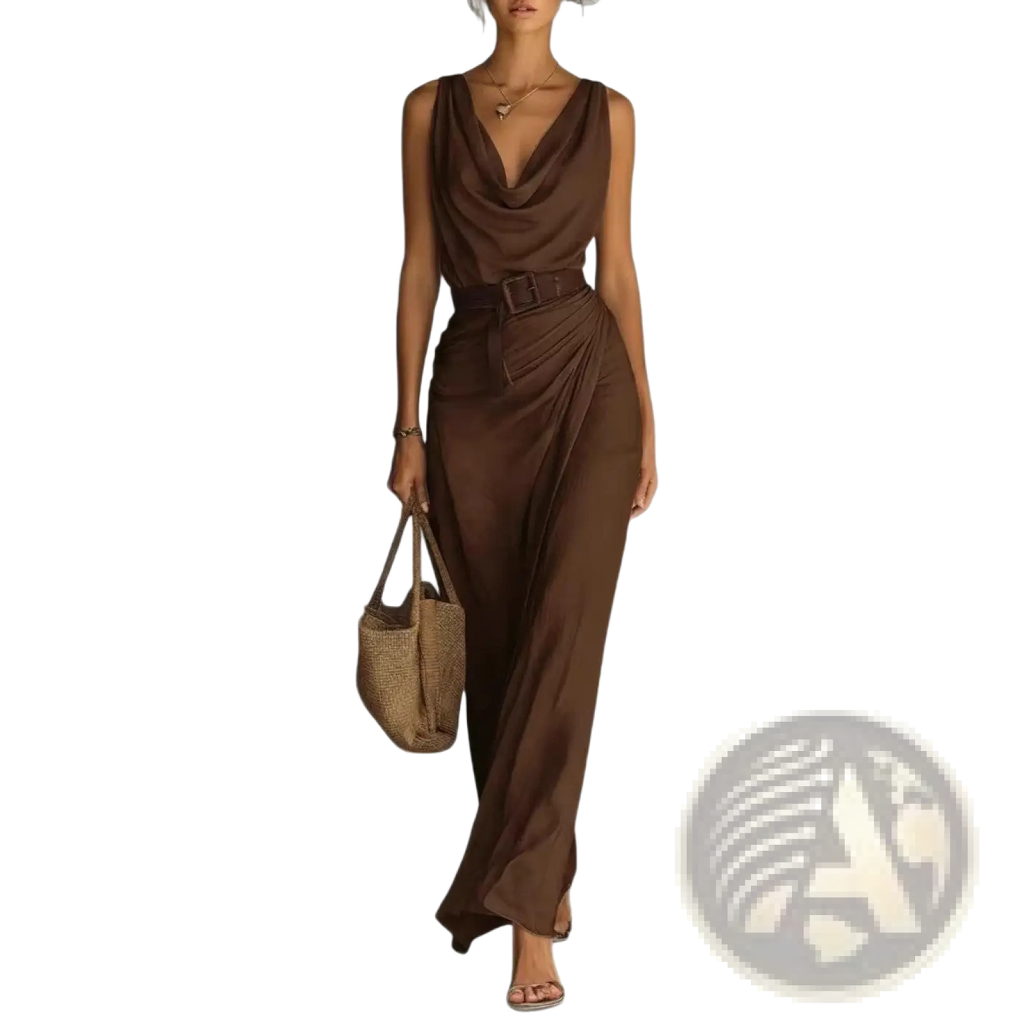 Sleek Brown Satin Cowl Neck Resort Maxi Dress
