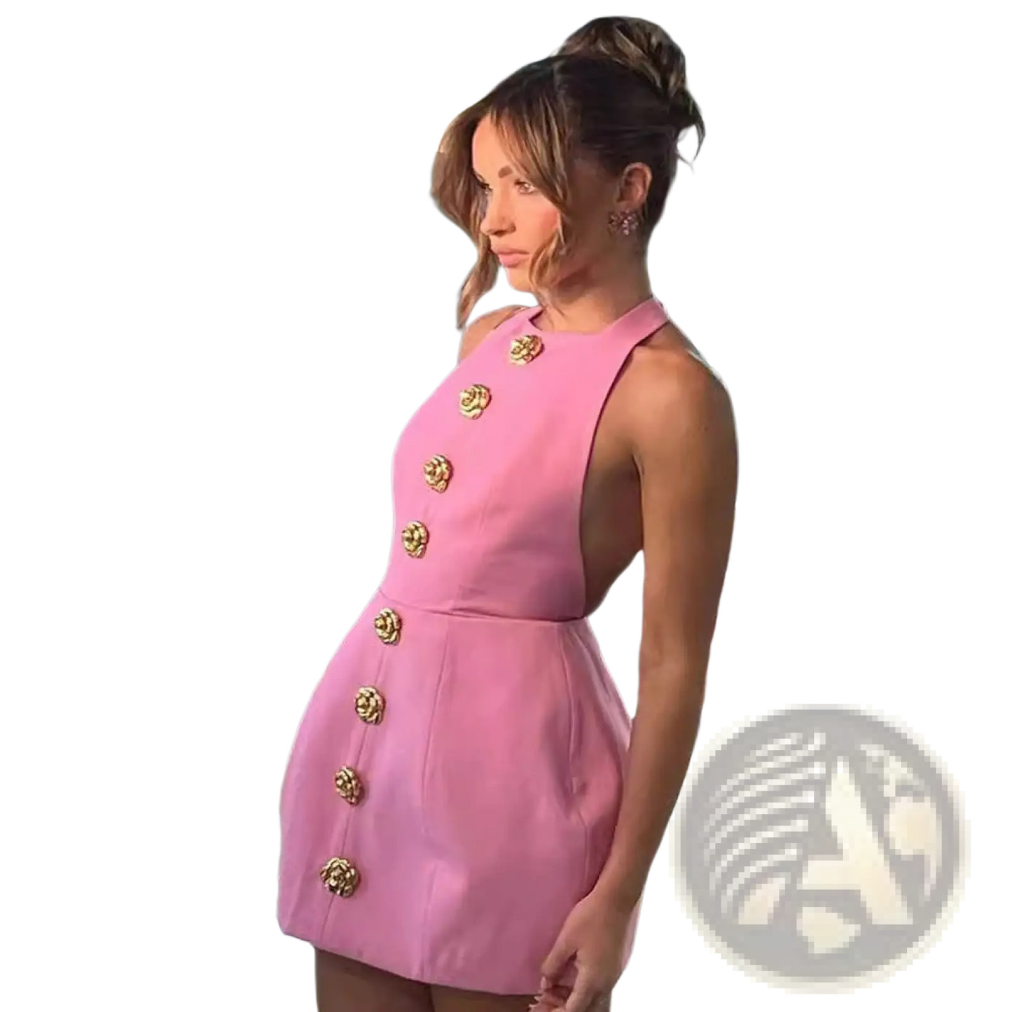 Sleeveless Backless Mini Dress with Gold Rose Buttons
