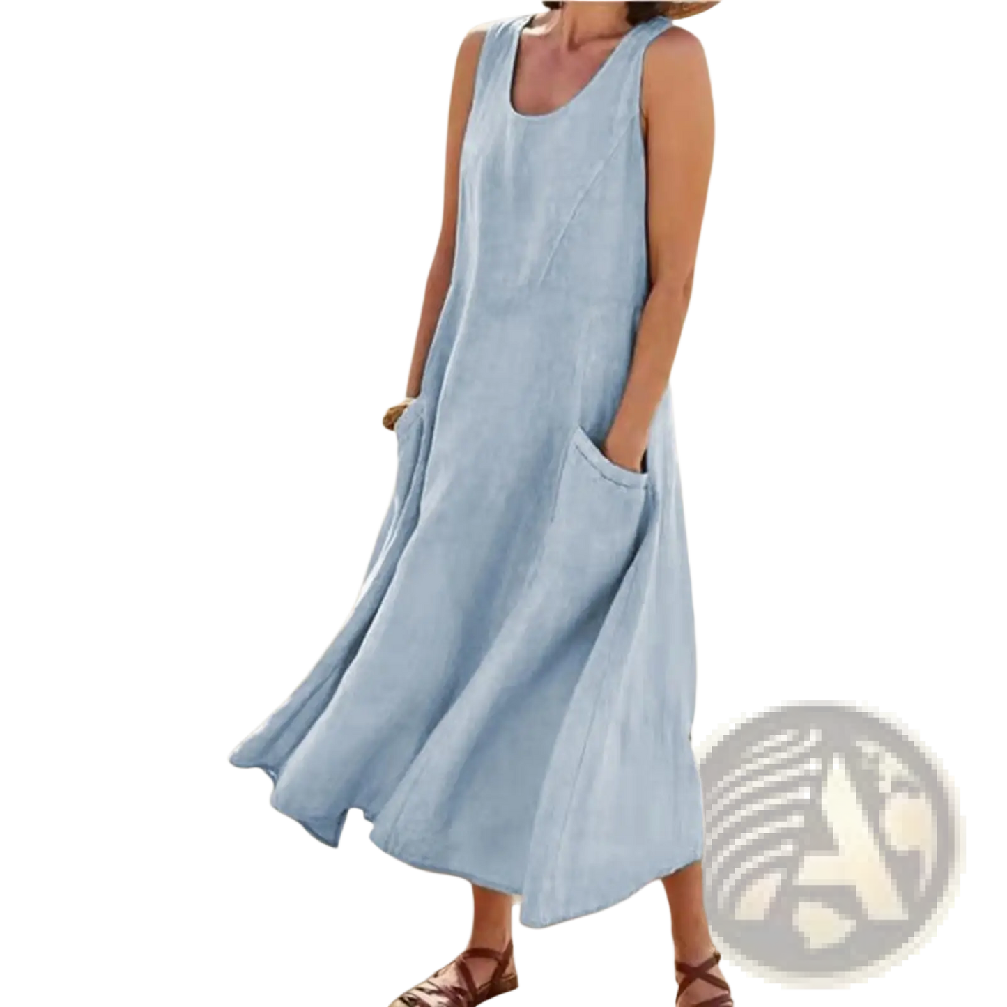 Sleeveless Linen A-line Maxi Dress with Pockets