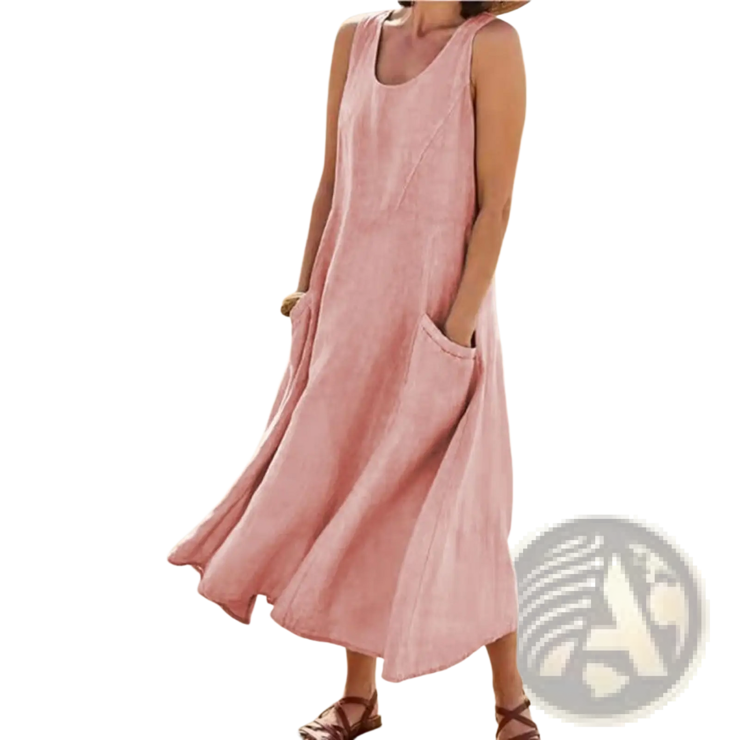 Sleeveless Linen A-line Maxi Dress with Pockets