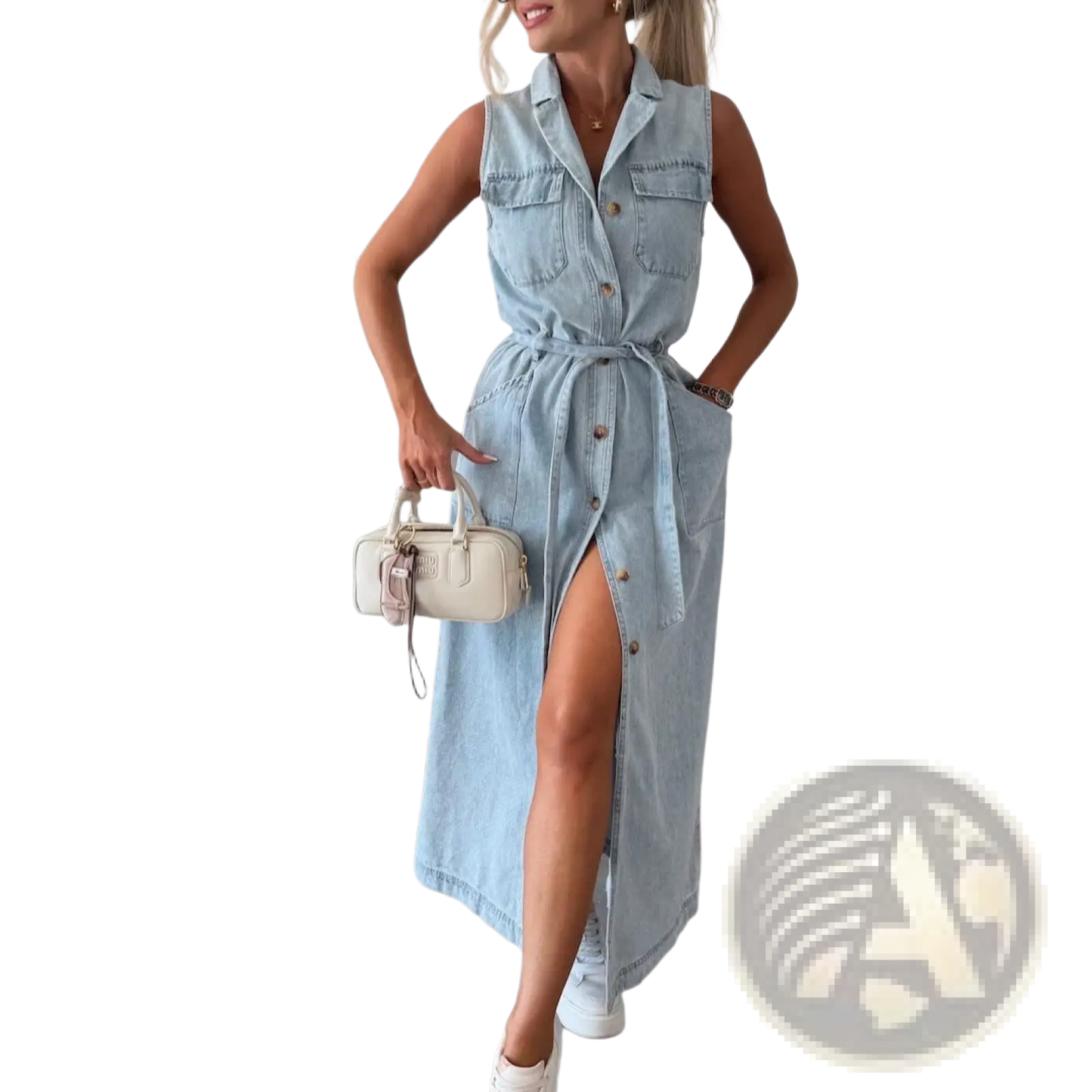 Sleeveless Tie Waist Denim Maxi Dress with Side Slit