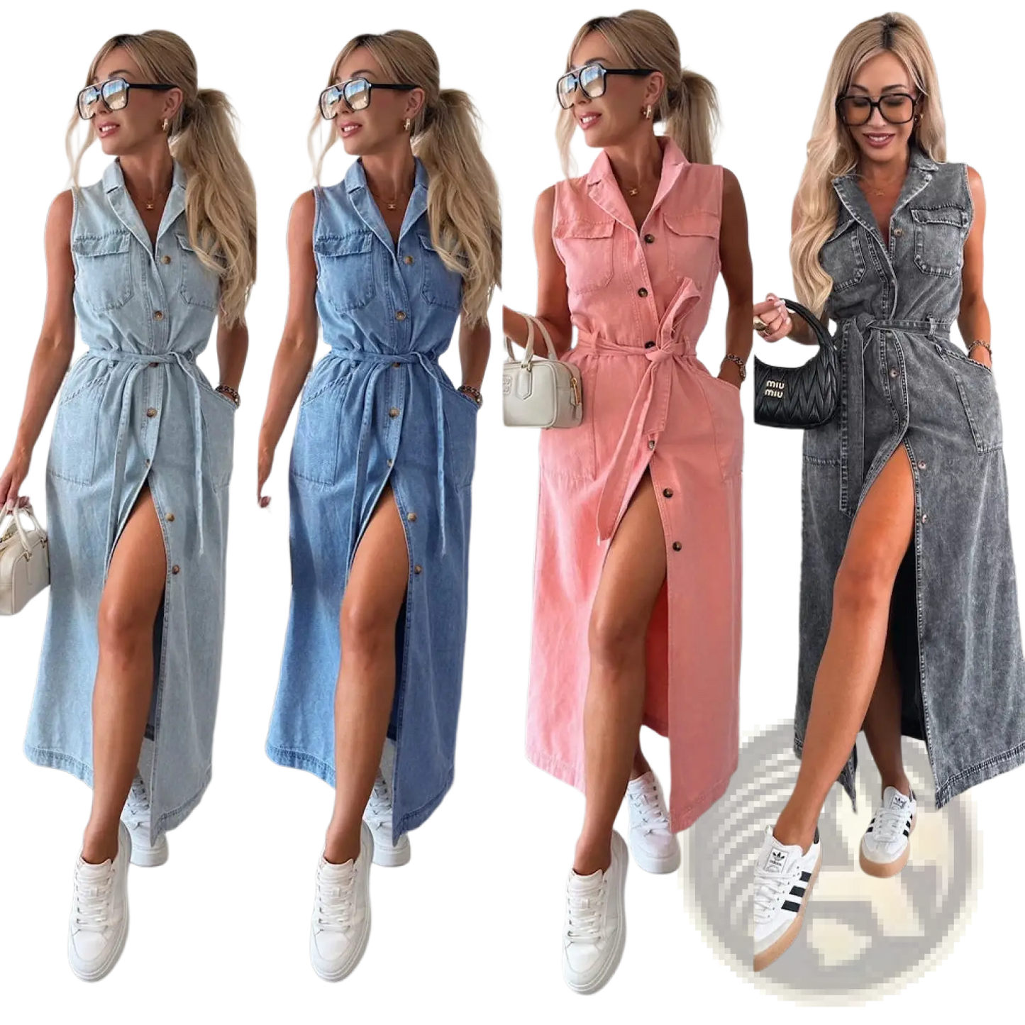 Sleeveless Tie Waist Denim Maxi Dress with Side Slit