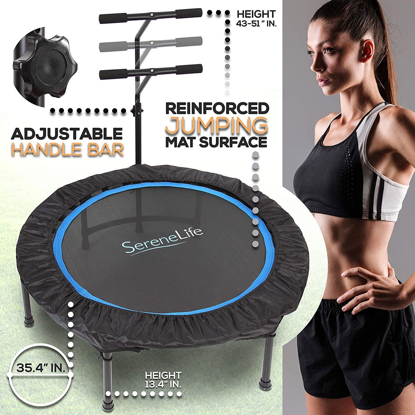 SereneLife Trampolim esportivo cardiovascular para atividades internas e externas de 40 polegadas com corrimão