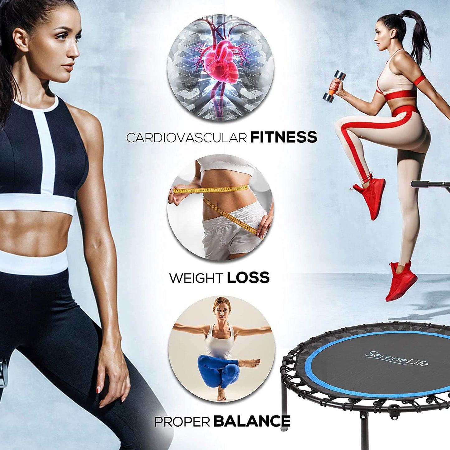 SereneLife Trampolim esportivo cardiovascular para atividades internas e externas de 40 polegadas com corrimão