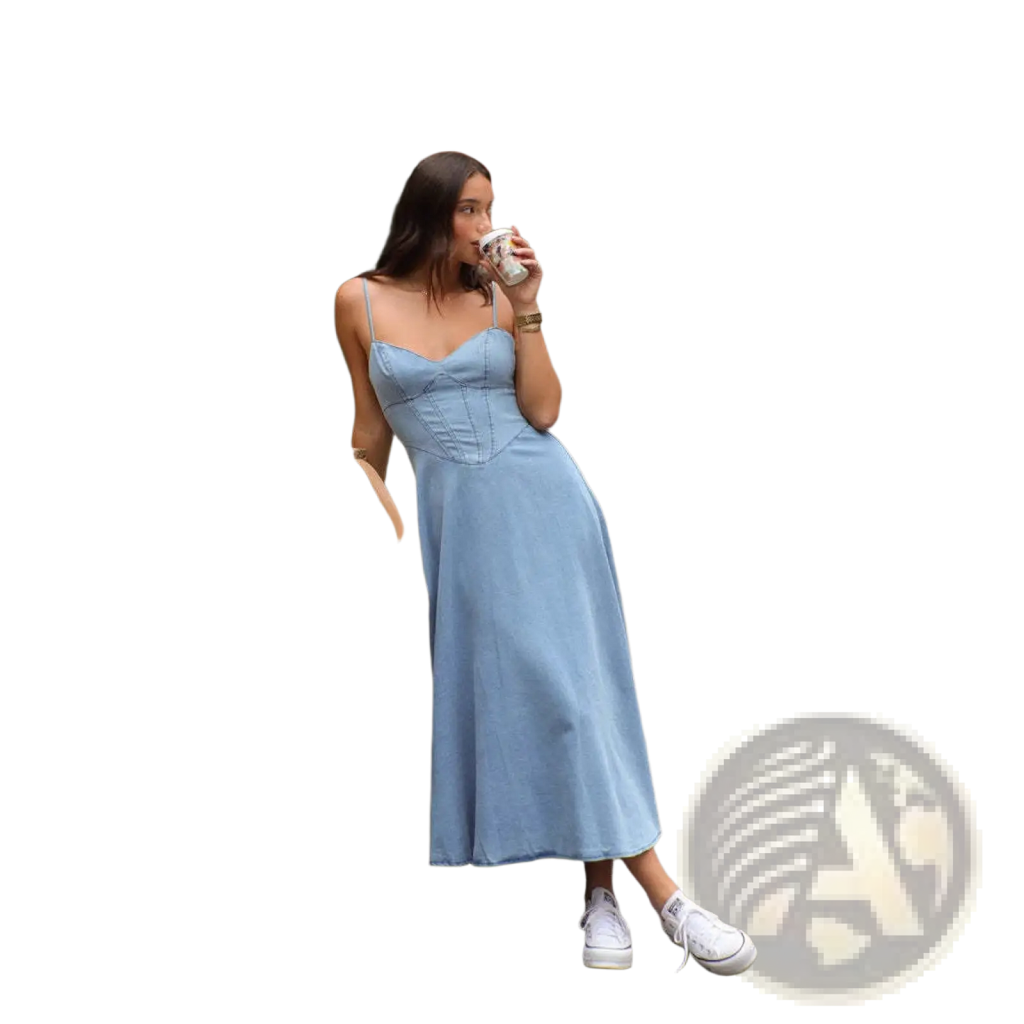 Slimming Light Blue Faux Denim Midi Dress with Spaghetti Straps