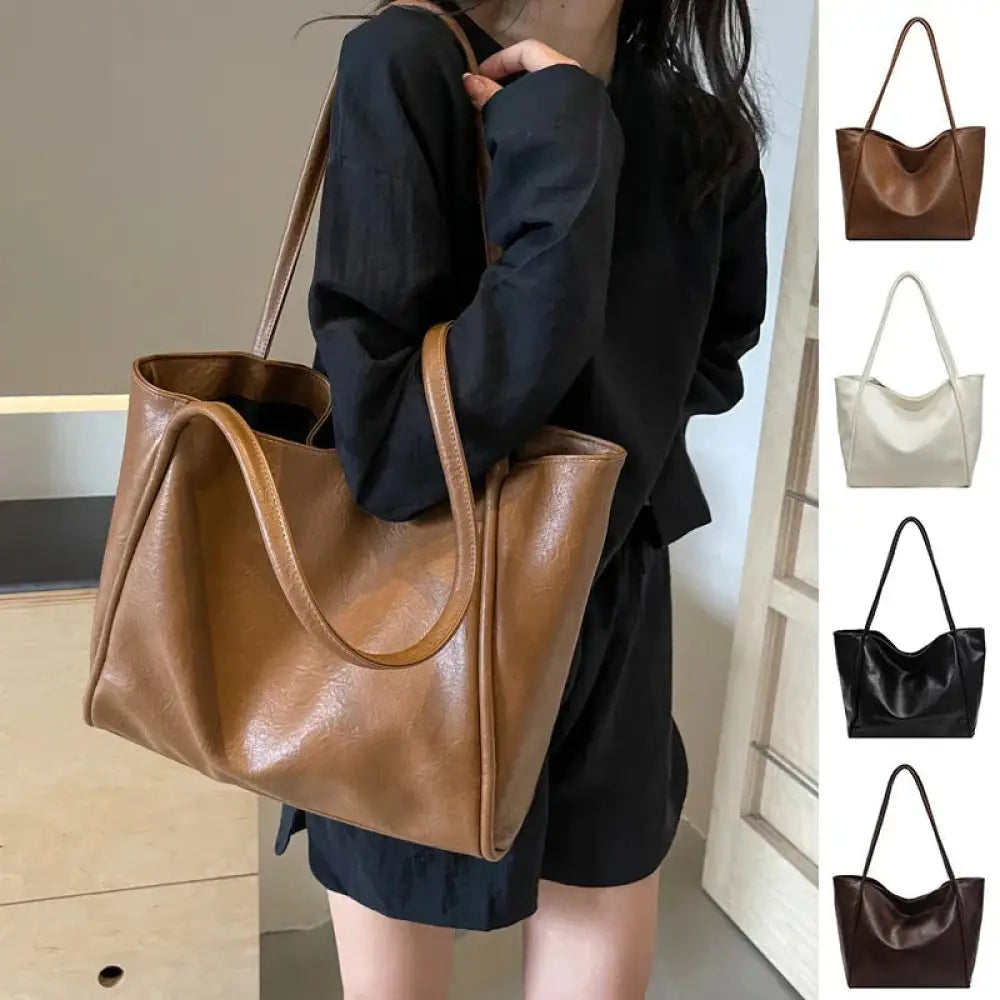 Large Faux Leather Minimalist Commuter Tote Bag