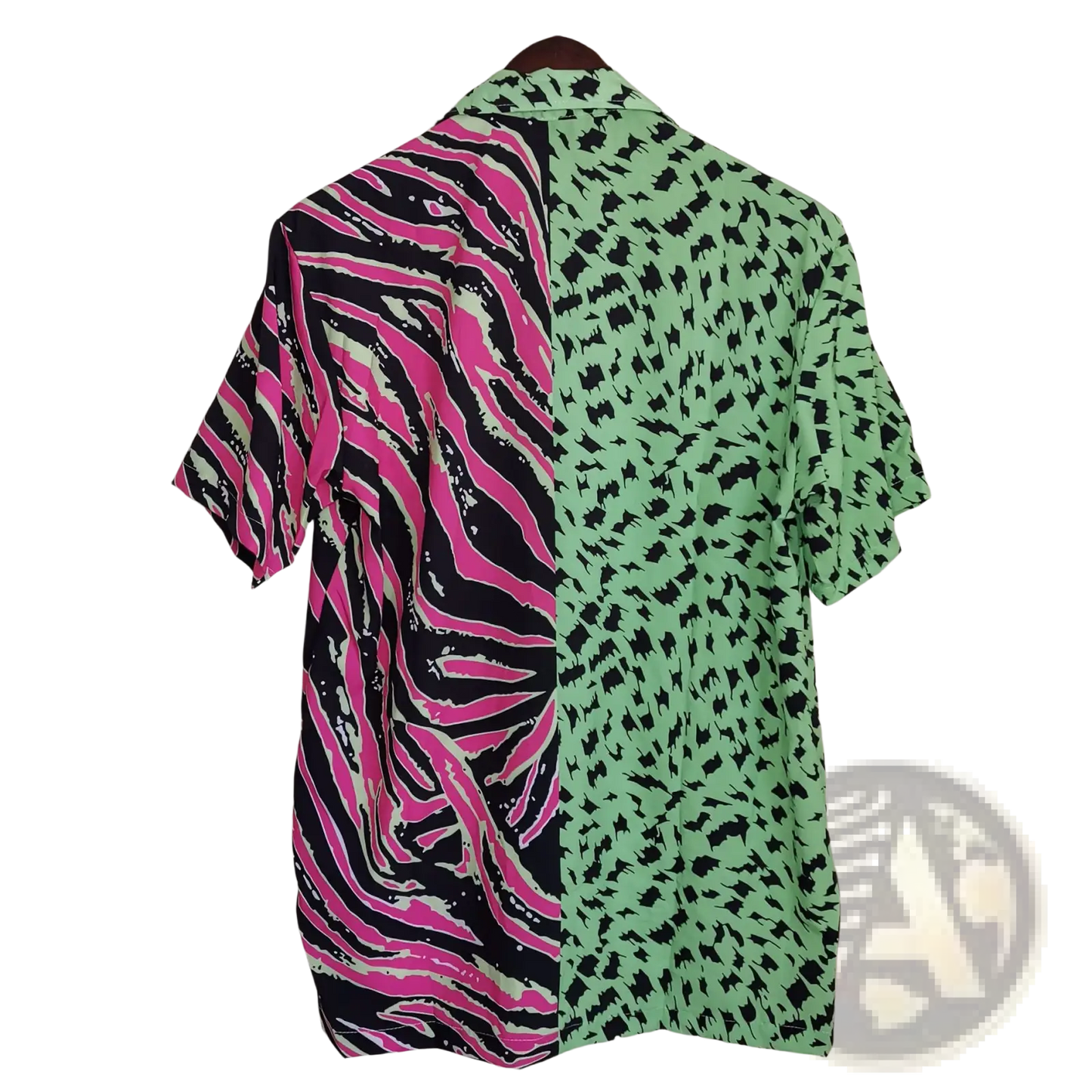 Split Animal Print Pink and Green Short Sleeve Shirt
