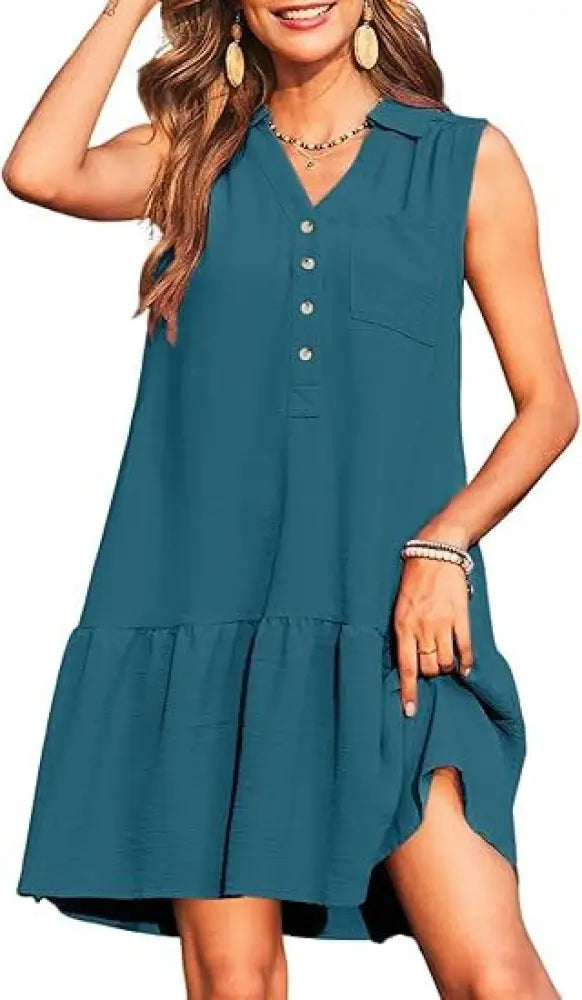 Tiered V-neck Sleeveless Button Front Summer Dress