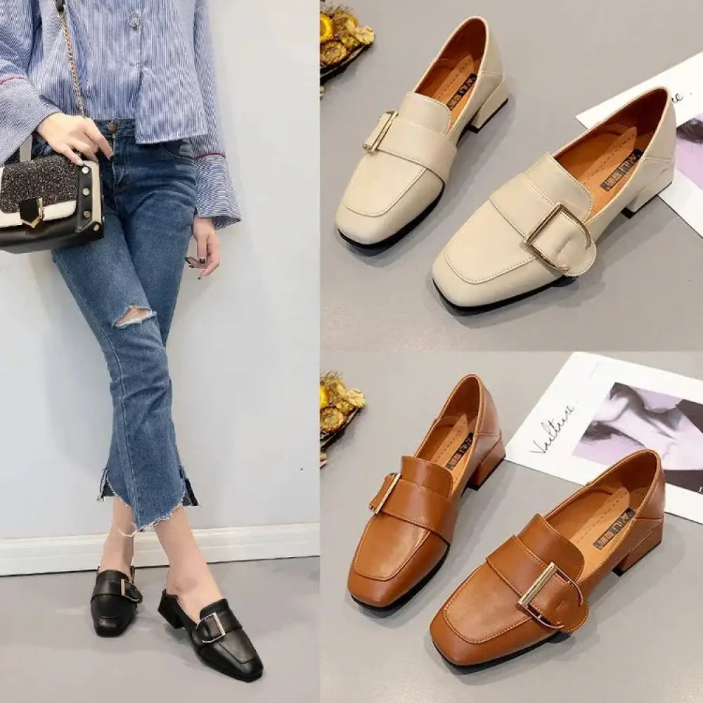 Square Toe Buckle Leather Loafers and Mules